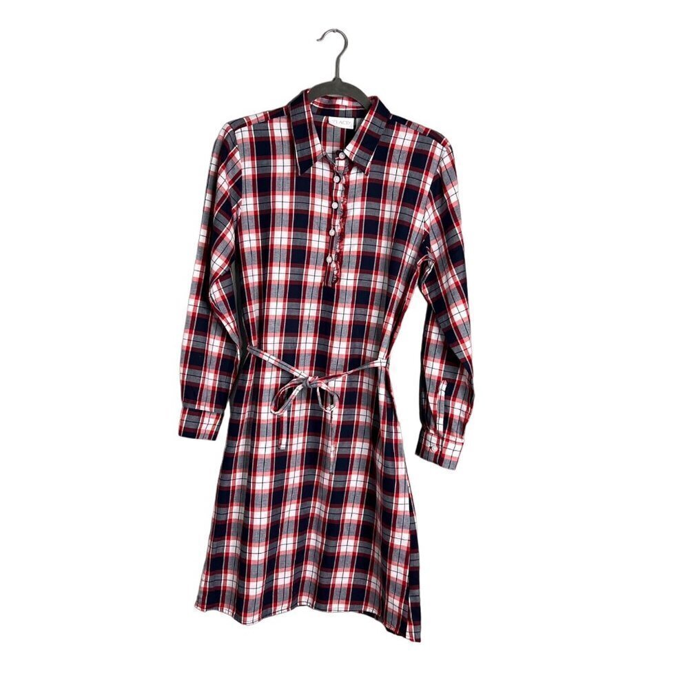 NWOT Place Plaid Belted Long Sleeve Dress Knee Length Button Popover Small Adult
